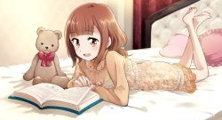 Rule 34 | 1girl, alternate hairstyle, beatrice (princess principal), bed, blunt bangs, book, brown eyes, brown hair, commentary request, feet up, long hair, long sleeves, lying, nightgown, niina ryou, on bed, on stomach, open mouth, pillow, princess principal, reading, scarf, solo, stuffed animal, stuffed toy, teddy bear, the pose