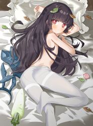Rule 34 | 1girl, absurdres, animal ears, ass, bed, black hair, blue archive, blush, closed mouth, clothing aside, commentary request, condom, fake animal ears, highres, hime cut, leaf, leotard, long hair, looking at viewer, miyu (blue archive), pantyhose, pillow, playboy bunny, red eyes, ryoma (rym 369), solo, topless