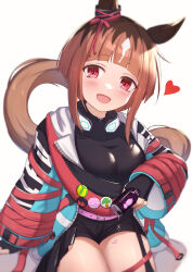 Rule 34 | 1girl, :d, animal ears, black gloves, black shirt, black shorts, blue jacket, blush, breasts, brown hair, can, commentary, covered collarbone, dripping, fingerless gloves, gloves, heart, highres, holding, holding can, horse ears, horse girl, horse tail, jacket, long sleeves, looking at viewer, medium breasts, multicolored hair, open clothes, open jacket, open mouth, red eyes, shirt, short shorts, shorts, simple background, smile, solo, symbol-only commentary, tail, transcend (umamusume), two-tone hair, umamusume, uneg, white background, white hair, wide sleeves