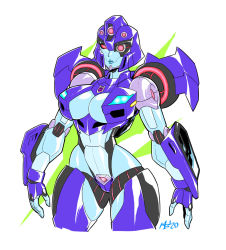 Rule 34 | 1girl, blue lips, breasts, cleavage, commentary, cowboy shot, cropped legs, decepticon, english commentary, highres, looking ahead, mad project, mecha, medium breasts, open hands, robot, science fiction, shadow striker (transformers), solo, transformers, transformers cyberverse, white background