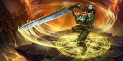 Rule 34 | 1boy, alternate costume, armor, bad source, bag, boots, brown hair, commando garen, dust, facial hair, fighting stance, garen (league of legends), gauntlets, gloves, glowing, glowing sword, glowing weapon, highres, knee pads, knife, league of legends, leather, leather belt, legband, long sideburns, long sword, magic, magic circle, male focus, manly, mature male, lava, mountain, muscular, muscular male, official art, short hair, shoulder armor, shoulder pads, sideburns, smoke, solo, spread legs, sunglasses, sword, thick arms, volcano, weapon, zhang ji