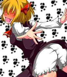 Rule 34 | 1girl, ascot, ass, blonde hair, bloomers, blush, bow, breasts, cameltoe, dress, fang, from behind, full-face blush, hair bow, hair over eyes, highres, open mouth, rumia, short hair, sideboob, skirt, tenohira, touhou, underwear, upskirt