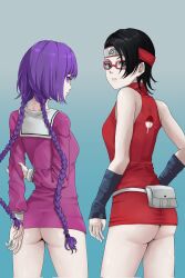 Rule 34 | 2girls, armor, arms behind back, ass, back, bare legs, black eyes, black hair, boruto: naruto next generations, breasts, cleavage, dou, dress, glasses, hand on own hip, highres, holding own arm, japanese armor, kakei sumire, lips, looking at viewer, looking back, mana (manasenshou), medium breasts, microdress, multiple girls, naruto (series), no panties, purple eyes, purple hair, red dress, sailor collar, sailor dress, short dress, short hair, thighs, twintails, uchiha sarada