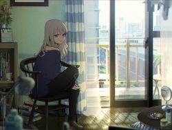 Rule 34 | 1girl, 5114ave, bad id, bad twitter id, blinking, blonde hair, blue eyes, book stack, chair, cigarette, city, curtains, glass door, highres, indoors, lamp, long hair, looking at viewer, off shoulder, original, pants, sitting, smoking, solo