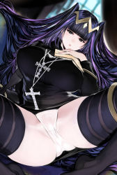 Rule 34 | 1girl, absurdres, alternate costume, black dress, black eyes, black hair, black thighhighs, blunt bangs, blurry, blurry background, blush, book, breast suppress, breasts, circlet, commentary, commission, cross, cross necklace, curtains, curvy, dress, feet out of frame, fire emblem, fire emblem awakening, hand on own chest, highres, holding, holding book, houden eizou, jewelry, large breasts, lips, long hair, looking at viewer, necklace, nintendo, open book, panties, parted lips, purple hair, pussy, pussy peek, ribbed dress, short dress, skeb commission, solo, spread legs, tharja (fire emblem), thick thighs, thighhighs, thighs, two side up, underwear, very long hair, white panties, window