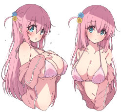 Rule 34 | 1girl, bare shoulders, bikini, bikini top only, blue eyes, blush, bocchi the rock!, breasts, cleavage, collarbone, cube hair ornament, eyes visible through hair, frown, gotoh hitori, hair between eyes, hair ornament, highres, jacket, large breasts, long hair, long sleeves, mel (melty pot), multiple views, navel, off shoulder, one side up, open clothes, open jacket, open mouth, pink bikini, pink hair, pink jacket, pink track suit, simple background, sweatdrop, swimsuit, swimsuit under clothes, track jacket, underboob, upper body, white background