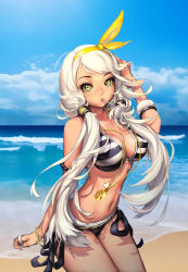 Rule 34 | 10s, 1girl, ahoge, arched back, armlet, bangle, beach, bikini, blade &amp; soul, bracelet, breasts, candy, cloud, covered erect nipples, day, eyelashes, fingernails, food, hair ribbon, hair tubes, tucking hair, jewelry, kim hyung tae, lollipop, long fingernails, long hair, looking at viewer, low twintails, medium breasts, navel, necklace, ocean, official art, outdoors, ribbon, ring, shiny skin, sky, solo, striped bikini, striped clothes, swept bangs, swimsuit, twintails, very long hair, white hair, yellow eyes