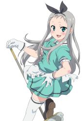 Rule 34 | 1boy, apron, black hairband, blend s, collared dress, crossdressing, dress, eyelashes, gloves, green dress, green eyes, green shirt, green skirt, hair ornament, hair ribbon, hairband, hand on own hip, kanzaki hideri, long hair, male focus, masdlivelove, ribbon, shirt, shoes, silver hair, simple background, skirt, solo, standing, standing on one leg, thighhighs, trap, waist apron, white background, white gloves, white thighhighs