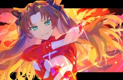 Rule 34 | 1girl, black ribbon, blue eyes, brown hair, dutch angle, fate/stay night, fate (series), gem, highres, hikari50503, letterboxed, long hair, long sleeves, ribbon, solo, tohsaka rin, turtleneck, twintails, two side up, v-shaped eyebrows