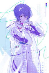 Rule 34 | 1girl, ayanami rei, blue hair, bodysuit, breasts, character name, commentary, cowboy shot, english commentary, hair between eyes, hairpods, hands up, highres, interface headset, legs together, looking at viewer, medium breasts, neon genesis evangelion, parted lips, pilot suit, plugsuit, purple eyes, raincoat, short hair, skin tight, solo, standing, sumustard, transparent raincoat, twitter username, white bodysuit