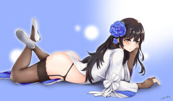 Rule 34 | 1girl, arched back, ass, black hair, black thighhighs, bloody0rabby, blue flower, blush, brown thighhighs, crossed ankles, dress, earrings, feet up, flower, full body, garter straps, girls&#039; frontline, hair flower, hair ornament, hairband, highres, jewelry, long hair, looking at viewer, lying, official alternate costume, on stomach, pelvic curtain, smile, solo, thighhighs, thong, type 95 (girls&#039; frontline), type 95 (narcissus) (girls&#039; frontline), very long hair, white dress, white footwear, white hairband, yellow eyes