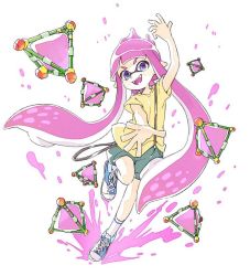 Rule 34 | arm up, blue footwear, comamawa, fangs, full body, grey shorts, hand up, ink, inkling, inkling girl, inkling player character, long hair, looking at viewer, nintendo, open mouth, pink hair, pointy ears, purple eyes, reaching, reaching towards viewer, running, running towards viewer, shirt, shoes, short sleeves, shorts, simple background, smile, solo, splatoon (series), standing, standing on one leg, tentacle hair, throwing, very long hair, white background, yellow shirt