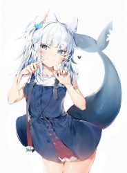 Rule 34 | 1girl, :3, absurdres, animal ears, bag, blue dress, blue eyes, blue hair, blunt bangs, cat ears, commentary request, dress, fang, fins, fish tail, gawr gura, gawr gura (casual), hair ornament, heart, highres, hololive, hololive english, huge filesize, looking at viewer, multicolored hair, official alternate costume, shark tail, short hair, short sleeves, silver (chenwen), simple background, smile, solo, tail, thighs, two-tone hair, virtual youtuber, white background, white hair