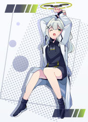 Rule 34 | 1girl, arms up, black footwear, black hoodie, blue archive, blush, coat, full body, green eyes, grey hair, hair ornament, halo, hare (blue archive), hood, hoodie, invisible chair, legs, long hair, long sleeves, marudeningen, one eye closed, open clothes, open coat, open mouth, simple background, sitting, solo, stretching, white coat, x hair ornament