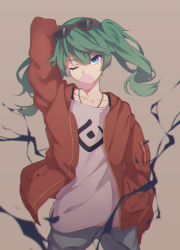 Rule 34 | 1girl, arm up, blue eyes, blowing bubbles, chewing gum, eyewear on head, green hair, hatsune miku, head tilt, highres, jacket, jewelry, kicchan, looking at viewer, necklace, one eye closed, solo, suna no wakusei (vocaloid), twintails, vocaloid