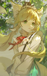Rule 34 | 1girl, :o, absurdres, animal ear fluff, animal ears, arknights, blonde hair, blurry, blurry background, branch, collared shirt, commentary request, creature on head, floating hair, fox ears, fox girl, green eyes, hairband, highres, leaf, long hair, looking afar, luo xiaohei, neckerchief, official alternate costume, on head, open mouth, red neckerchief, shenheqing, shirt, suzuran (arknights), suzuran (spring praise) (arknights), luo xiaohei zhanji, v arms, weibo logo, weibo watermark, white hairband, white shirt