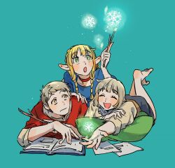 Rule 34 | 1boy, 2girls, ^ ^, aqua background, barefoot, blonde hair, blue dress, book, braid, brother and sister, catching, choker, closed eyes, closed mouth, crown braid, dress, dungeon meshi, elf, facing viewer, falin touden, falin touden (tallman), feet up, glowing, grey hair, grey shirt, grey shorts, hand on another&#039;s shoulder, hand up, highres, holding, holding stick, holding wand, long hair, long sleeves, looking to the side, looking up, lying, magic, marcille donato, multiple braids, multiple girls, nichi (hibi suimin), on stomach, open book, open mouth, orange eyes, outstretched arm, paper, pillow, pointy ears, reaching, red shirt, shirt, short hair, shorts, siblings, side braid, simple background, snowflakes, snowing, stick, wand