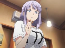 Rule 34 | 10s, 1girl, blue eyes, breasts, dagashi kashi, large breasts, purple hair, shidare hotaru, solo, standing, stitched, third-party edit