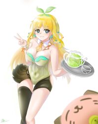 Rule 34 | 1girl, absurdres, aqua eyes, blonde hair, breasts, cleavage, cup, drinking glass, highres, hitatsuphat, kisaki tencha, large breasts, leotard, long hair, looking at viewer, nijigen project, playboy bunny, signature, single thighhigh, thighhighs, tray, v, vietnamese commentary, virtual youtuber, white background