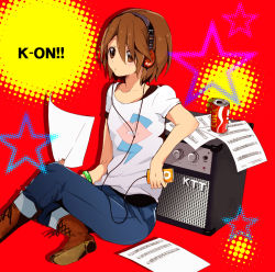 Rule 34 | 1girl, beamed quavers, boots, can, denim, drink can, female focus, gen (enji), halftone, halftone background, headphones, hirasawa yui, jeans, k-on!, listen!!, musical note, pants, quaver, sheet music, soda can, solo