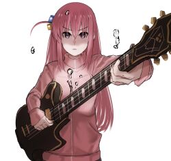 Rule 34 | 1girl, absurdres, bocchi the rock!, electric guitar, gibson les paul, gotoh hitori, guitar, hh (hehexd06161704), highres, holding, holding guitar, holding instrument, instrument, jacket, kagurabachi, kagurabachi pose (meme), looking at viewer, meme, parody, pink hair, pink jacket, pink track suit, side ahoge, track jacket