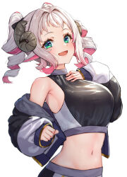 Rule 34 | 1girl, animal ears, breasts, clenched hand, colored inner hair, cropped jacket, drill hair, green eyes, hair intakes, hand on own chest, hitsujino moko, horns, indie virtual youtuber, large breasts, long hair, looking at viewer, midriff, multicolored hair, navel, open mouth, pensuke, sheep ears, sheep girl, sheep horns, short shorts, shorts, smile, twin drills, virtual youtuber