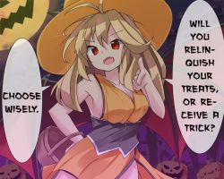 Rule 34 | 1girl, antenna hair, blonde hair, breasts, cleavage, halloween, hard-translated, hat, large breasts, long hair, original, red eyes, ryogo, sleeveless, third-party edit, translated, witch hat