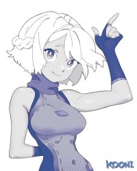 Rule 34 | 1girl, arm behind back, arm up, artist name, black gloves, blue theme, braid, breasts, bright pupils, character request, covered navel, fingerless gloves, french braid, gloves, highres, kooni, looking at viewer, medium breasts, monochrome, original, short hair, simple background, solo, white background, white hair, white pupils
