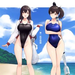 Rule 34 | 2girls, akagi (kancolle), alternate costume, arm under breasts, bag, bare shoulders, black one-piece swimsuit, blue one-piece swimsuit, breasts, brown hair, closed mouth, cloud, competition swimsuit, dated, hair between eyes, highres, holding, holding bag, holding torpedo, jacket, kaga (kancolle), kantai collection, large breasts, long hair, long sleeves, looking at viewer, multiple girls, ocean, odachu, one-piece swimsuit, open mouth, outdoors, ponytail, short hair, signature, swimsuit, thigh gap, torpedo, translation request, very long hair, white jacket