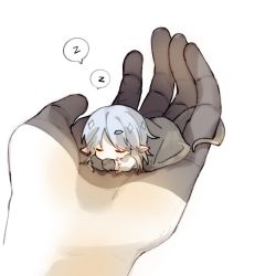 Rule 34 | 1boy, arknights, blanket, bochengjianxue, chibi, closed eyes, male focus, mini person, miniboy, pointy ears, shalem (arknights), short hair, silver hair, simple background, sleeping, solo focus, white background