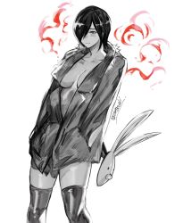 Rule 34 | 1girl, artist name, black thighhighs, blush, breasts, coat, greyscale, hair over one eye, hands in pocket, highres, kirishima touka, large breasts, looking at viewer, mask, monochrome, rabbit mask, solo, thighhighs, thighs, tokyo ghoul, white background, yourfreakyneighbourh