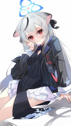 Rule 34 | 1girl, 3:, absurdres, animal ears, arm out of sleeve, arm support, blue archive, commentary request, crying, crying with eyes open, frilled skirt, frills, grey hair, hair between eyes, halo, highres, kokona (blue archive), long hair, long sleeves, looking at viewer, low twintails, mimizuku (mmiganaru), multicolored hair, red eyes, sidelocks, simple background, sitting, skirt, solo, streaked hair, tears, tiger ears, tiger girl, twintails, white background