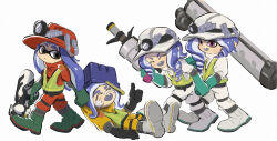 Rule 34 | 4girls, bandaid, bandaid on face, bandaid on nose, black eyes, blue hair, boots, closed eyes, colored tongue, dragging, drill hair, duct tape, gauze, gauze on cheek, gloves, green footwear, green gloves, hard hat, helmet, high-visibility vest, highres, holding, holding hands, holding weapon, humanlynn, inkling, inkling girl, inkling player character, looking back, multiple girls, nintendo, octoling, octoling girl, octoling player character, open mouth, purple eyes, purple tongue, red headwear, splatoon (series), thumbs up, weapon, white footwear