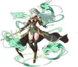 Rule 34 | 1girl, aqua eyes, aqua hair, ark order, artist request, azure dragon (ark order), black cape, black gloves, black thighhighs, boots, bow, breasts, cape, clothing cutout, dragon, dress, expressionless, full body, gloves, green dress, green footwear, highres, holding, holding sword, holding weapon, horns, large breasts, long hair, long sleeves, looking at viewer, navel, navel cutout, official art, red bow, red ribbon, ribbon, shoulder cutout, sidelocks, solo, sword, tachi-e, thigh boots, thighhighs, transparent background, very long hair, waist cape, weapon, wind