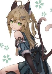 Rule 34 | 1girl, ahoge, animal ears, aqua skirt, aqua vest, black shorts, blonde hair, breasts, cat ears, cat girl, cat tail, closed mouth, detached sleeves, floral background, from side, fur-trimmed sleeves, fur trim, genshin impact, green eyes, hair ornament, hairclip, kirara (genshin impact), long hair, long sleeves, looking at viewer, mmss25, multiple tails, nekomata, shorts, sitting, skirt, small breasts, smile, solo, tail, two tails, wariza, white background