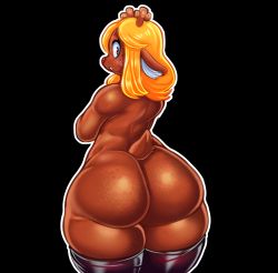 Rule 34 | 1girl, antlers, ass, black background, blonde hair, brown eyes, colorized, cowboy shot, deer girl, deltarune, freckles, from behind, furry, furry female, highres, horns, huge ass, long hair, looking at viewer, looking back, noelle holiday, nude, outline, red nose, red thighhighs, simple background, sirevisconde, solo, sweat, tail, thick thighs, thighhighs, thighs, tisinrei, undertale, white outline