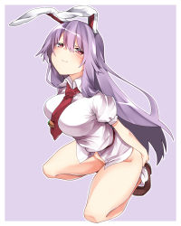 Rule 34 | 1girl, animal ears, between breasts, blush, bottomless, breasts, brown footwear, carrot, closed mouth, collared shirt, commentary request, full body, groin, hair between eyes, highres, kz oji, long hair, looking at viewer, medium breasts, necktie, necktie between breasts, purple hair, rabbit ears, red eyes, red necktie, reisen udongein inaba, shirt, shoes, short sleeves, smile, socks, solo, squatting, thighs, touhou, very long hair, white shirt, white socks