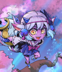 Rule 34 | 1girl, :d, blue skirt, bow, bowtie, branch, colored skin, facial mark, fang, flower, fog, hair flower, hair ornament, holding, holding weapon, horns, league of legends, long sleeves, mask, mask on head, unworn mask, medium hair, miniskirt, open mouth, phantom ix row, pink bow, pink bowtie, pink skin, pointy ears, ribbon-trimmed sleeves, ribbon trim, skirt, smile, solo, spirit blossom tristana, teeth, tongue, tristana, upper teeth only, weapon, yordle