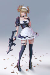 Rule 34 | 1girl, absurdres, apron, black thighhighs, blonde hair, brown eyes, copyright request, finger to mouth, gun, highres, holding, holding gun, holding weapon, legs, looking at viewer, maid, maid apron, maid headdress, seunghee lee, shell casing, simple background, thighhighs, weapon