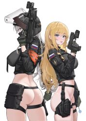 Rule 34 | 2girls, ammunition pouch, armband, ass, assault rifle, black jacket, black mask, blonde hair, blue eyes, blush, bottomless, breasts, candy, combat helmet, cowboy shot, dual wielding, finger on trigger, food, gloves, grey hair, gun, handgun, helmet, highres, holding, holding candy, holding food, holding gun, holding lollipop, holding weapon, holster, jacket, large breasts, laser sight, load bearing equipment, lollipop, long hair, looking at viewer, looking back, looking to the side, marker, mask, mouth mask, mp-443 grach, multiple girls, optical sight, original, pasgt helmet, pouch, rifle, russian flag, sawkm, skindentation, smile, standing, tactical clothes, thigh holster, thigh strap, tongue, tongue out, vertical foregrip, very long hair, visor (armor), visor lift, weapon