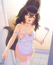 Rule 34 | 1girl, :d, ^ ^, animal ears, apron, blush, breasts, brown hair, closed eyes, collarbone, commentary, dog ears, dog girl, dog tail, doorway, facing viewer, hair between eyes, holding, holding ladle, ladle, large breasts, long hair, naked apron, open mouth, original, smile, solo, strap slip, sweat, symbol-only commentary, tail, thighhighs, white apron, white thighhighs, wolflove