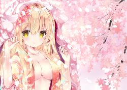 Rule 34 | 1girl, bad id, bad pixiv id, blonde hair, branch, breasts, cherry blossoms, cleavage, closed mouth, collarbone, commentary request, floral print, flower, hair between eyes, hair flower, hair ornament, hands up, long hair, looking at viewer, medium breasts, nanase kureha, nanase nao, open clothes, original, pink flower, red flower, short sleeves, smile, solo, wide sleeves, yellow eyes