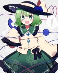 Rule 34 | !, 1girl, absurdres, black hat, blush, collared shirt, floral print, frilled shirt collar, frilled skirt, frilled sleeves, frills, green eyes, green hair, green skirt, hat, hat ribbon, heart, heart of string, highres, holding, holding phone, koishi day, komeiji koishi, open mouth, phone, pleated skirt, ribbon, rose print, shirt, short hair, skirt, sleeves past fingers, sleeves past wrists, smile, solo, spoken exclamation mark, third eye, touhou, wide sleeves, yellow ribbon, yellow shirt, you (noanoamoemoe)
