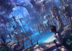 Rule 34 | 1girl, absurdres, black hair, braid, castle, cloud, harbor, has bad revision, has cropped revision, highres, jewelry, lamp, md5 mismatch, necklace, original, reishin (tenpurasoba), resolution mismatch, ruins, scenery, ship, shipwreck, short hair, sitting, skirt, sky, source smaller, water, watercraft