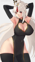 Rule 34 | 1girl, armpits, arms behind head, arms up, breasts, cleavage, cleavage cutout, clothing cutout, contrapposto, covered erect nipples, curvy, genshin impact, highres, hioyami, large breasts, long hair, looking at viewer, mature female, ningguang (genshin impact), pelvic curtain, red eyes, silver hair, smile, solo, thick thighs, thighhighs, thighs, very long hair, wide hips