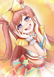 Rule 34 | 1girl, absurdres, agnes digital (umamusume), animal ears, belt, blue eyes, blush, bow, collarbone, commentary, drooling, gomikerasu, hair bow, heart, heart-shaped pupils, highres, horse ears, horse girl, jewelry, long hair, looking at viewer, midriff, necklace, pink hair, sleeveless, solo, symbol-shaped pupils, umamusume