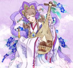 Rule 34 | 1girl, biwa lute, blue flower, brown hair, circlet, closed mouth, flower, hagoromo, hair flower, hair ornament, hand up, head tilt, holding, holding instrument, instrument, kazuki-mendou, long hair, long sleeves, lute (instrument), music, original, playing instrument, purple eyes, purple flower, purple theme, shawl, smile, solo, traditional clothes, wide sleeves