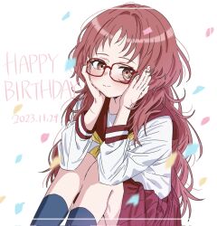 Rule 34 | 1girl, blue socks, blush, brown eyes, closed mouth, commentary request, confetti, dated, glasses, hands on own cheeks, hands on own face, happy birthday, head rest, highres, kneehighs, knees up, long hair, long sleeves, mie ai, neckerchief, pleated skirt, red-framed eyewear, red hair, red sailor collar, red skirt, sailor collar, school uniform, shirt, sitting, skirt, smile, socks, solo, sukinako ga megane wo wasureta, to9 722, white background, white shirt, yellow neckerchief