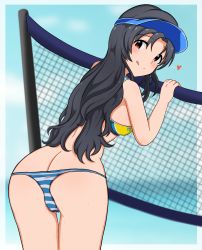 Rule 34 | 1girl, absurdres, ass, bikini, black hair, blue background, blue sky, breasts, butt crack, commentary request, heart, highres, idolmaster, idolmaster million live!, leaning forward, long hair, looking at viewer, looking back, medium breasts, milliani, red eyes, sideboob, sky, smile, striped bikini, striped clothes, sweat, swimsuit, takayama sayoko, tongue, tongue out, visor cap, volleyball net