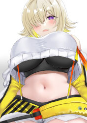 Rule 34 | 1girl, absurdres, ahoge, black sports bra, blonde hair, blush, breasts, clothing cutout, crop top, crop top overhang, cropped sweater, elegg (nikke), exposed pocket, fang, goddess of victory: nikke, hair intakes, hair over eyes, highres, large breasts, long bangs, long sleeves, looking at viewer, micro shorts, multicolored hair, navel, open mouth, purple eyes, short hair, shorts, shoulder cutout, solo, sports bra, suspender shorts, suspenders, tara (szzj7733), two-tone hair, white shorts